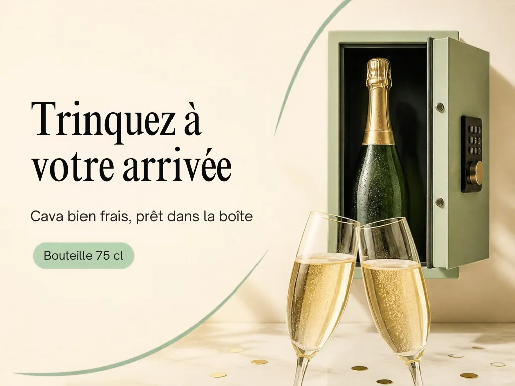 Bouteille de cava dans une boîte à code, avec deux flûtes