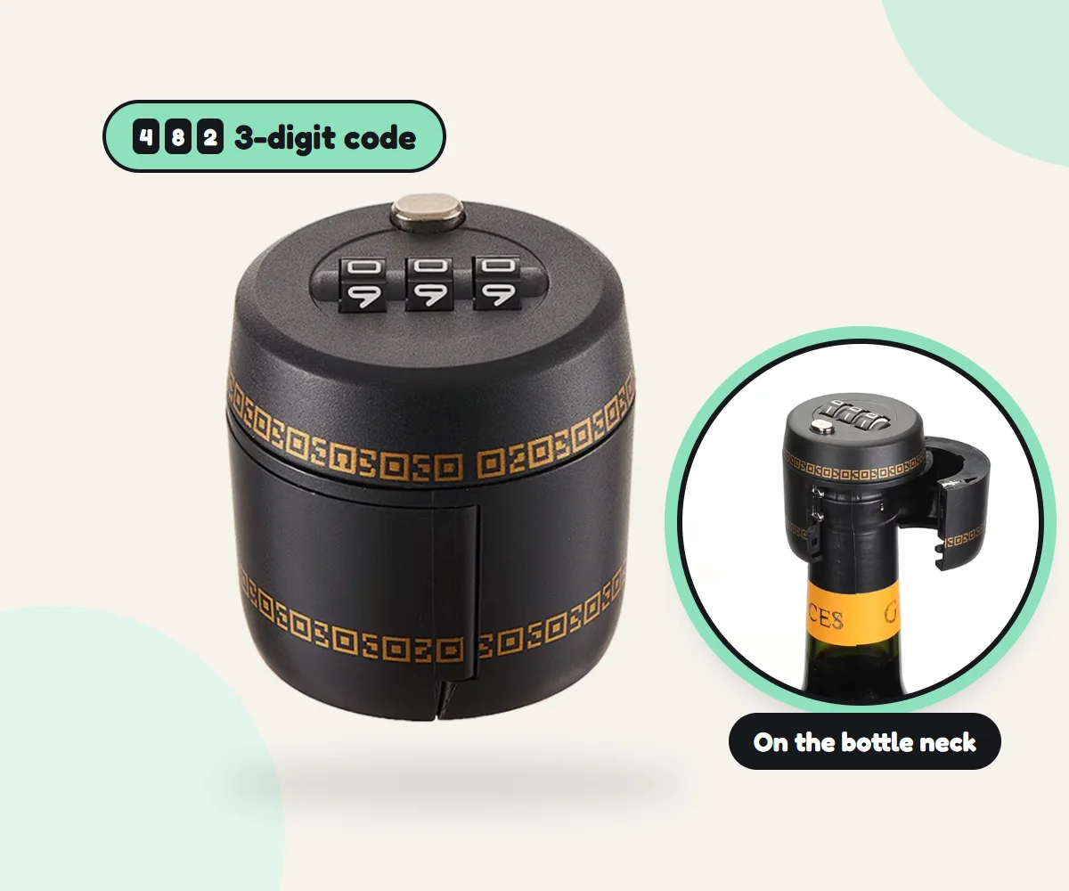 The Airbnbox bottle lock with a 3-digit code, and the same lock fitted on the neck of a wine bottle