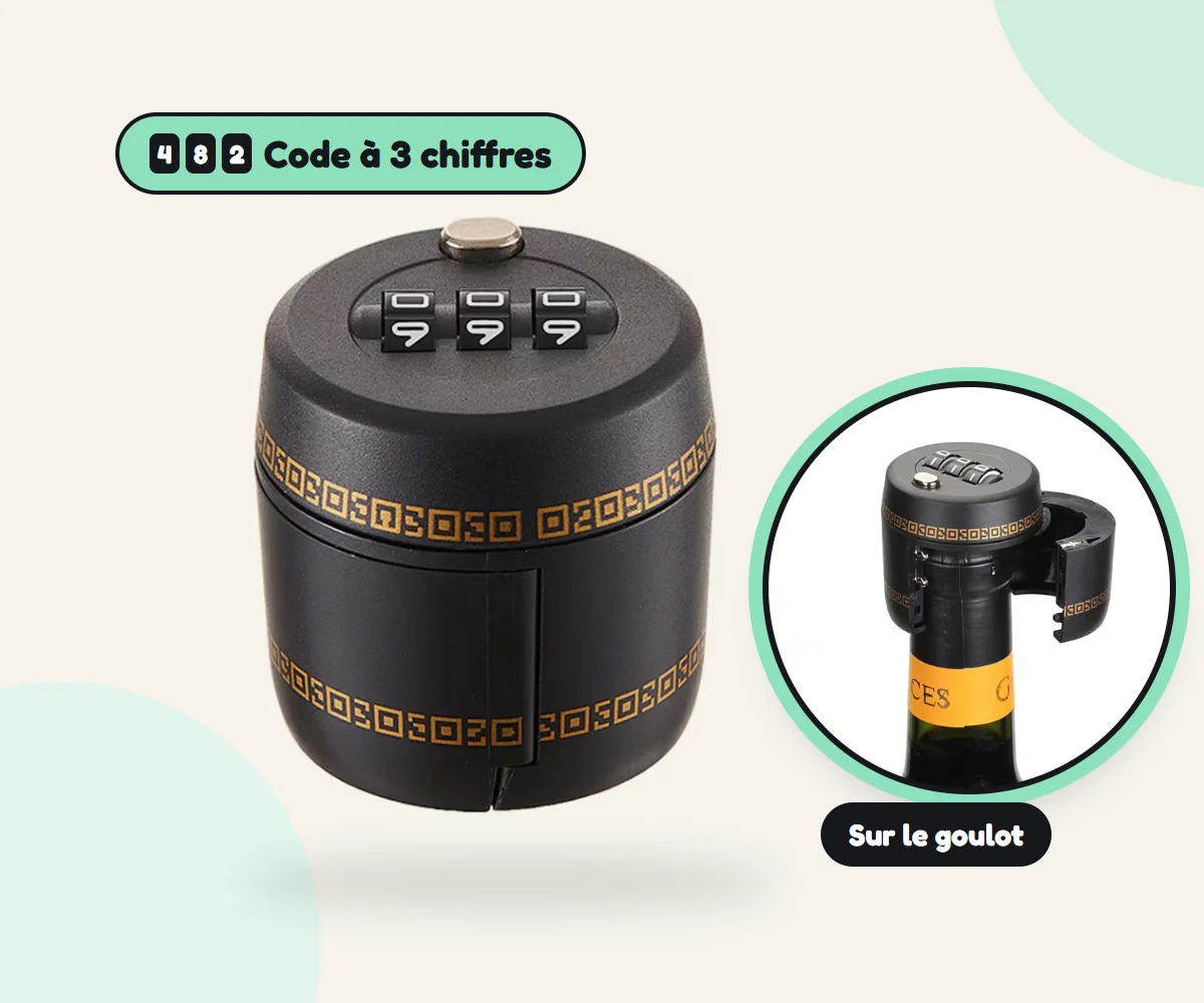 Le verrou de bouteille Airbnbox à code à 3 chiffres, et le même verrou fixé sur le goulot d’une bouteille de vin